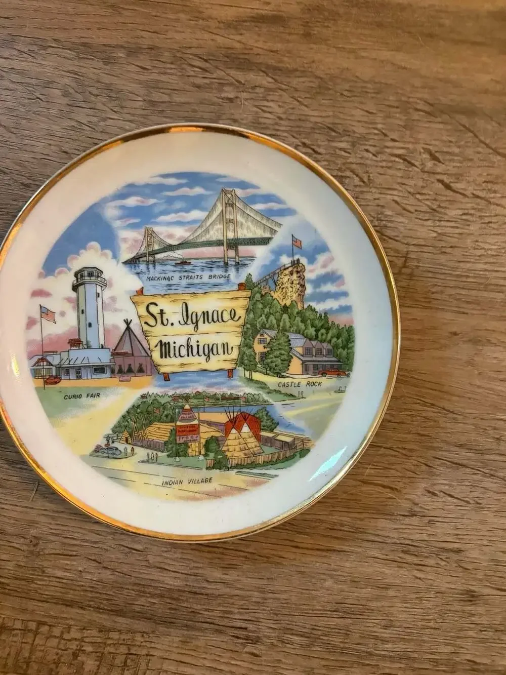 Vintage St. Ignace Michigan Souvenir Collector Plate with Gold Trim